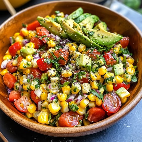 A bowl of food with tomatoes, corn, and avocado.
