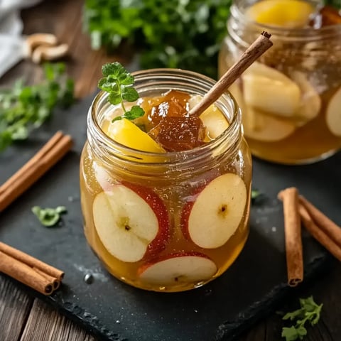 A jar of apple cider with a cinnamon stick in it.