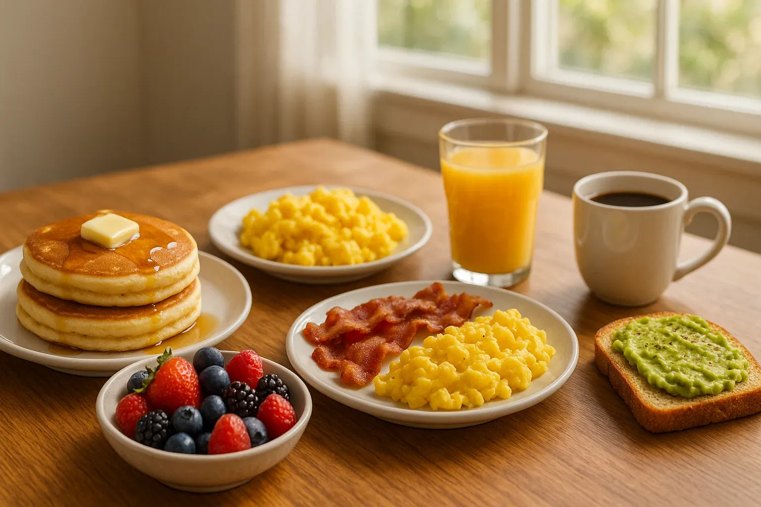 A breakfast plate with eggs, bacon, and cereal.