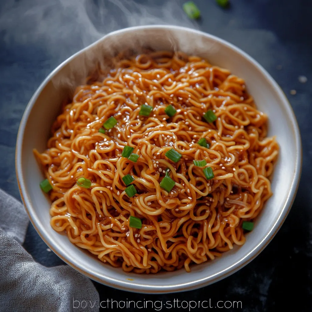 A bowl of noodles with green onions.