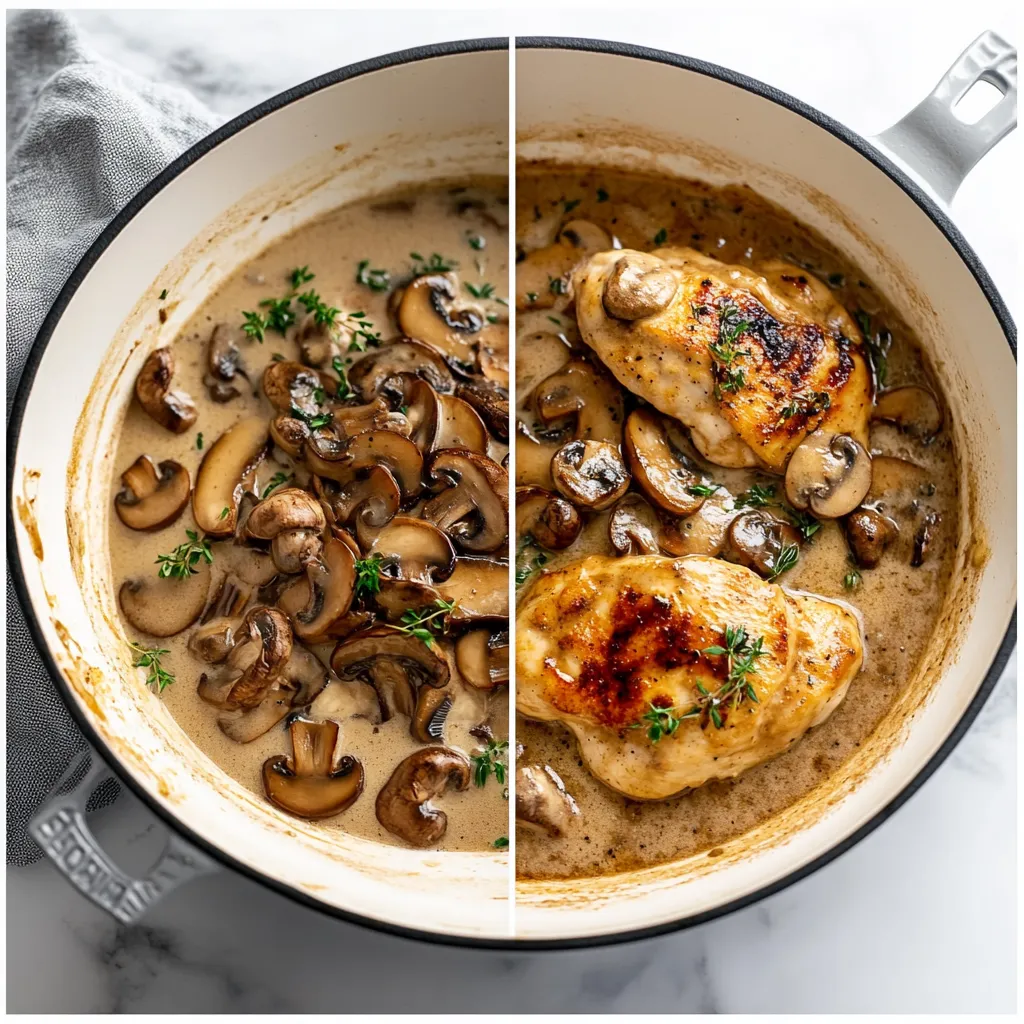 A bowl of mushrooms and chicken.