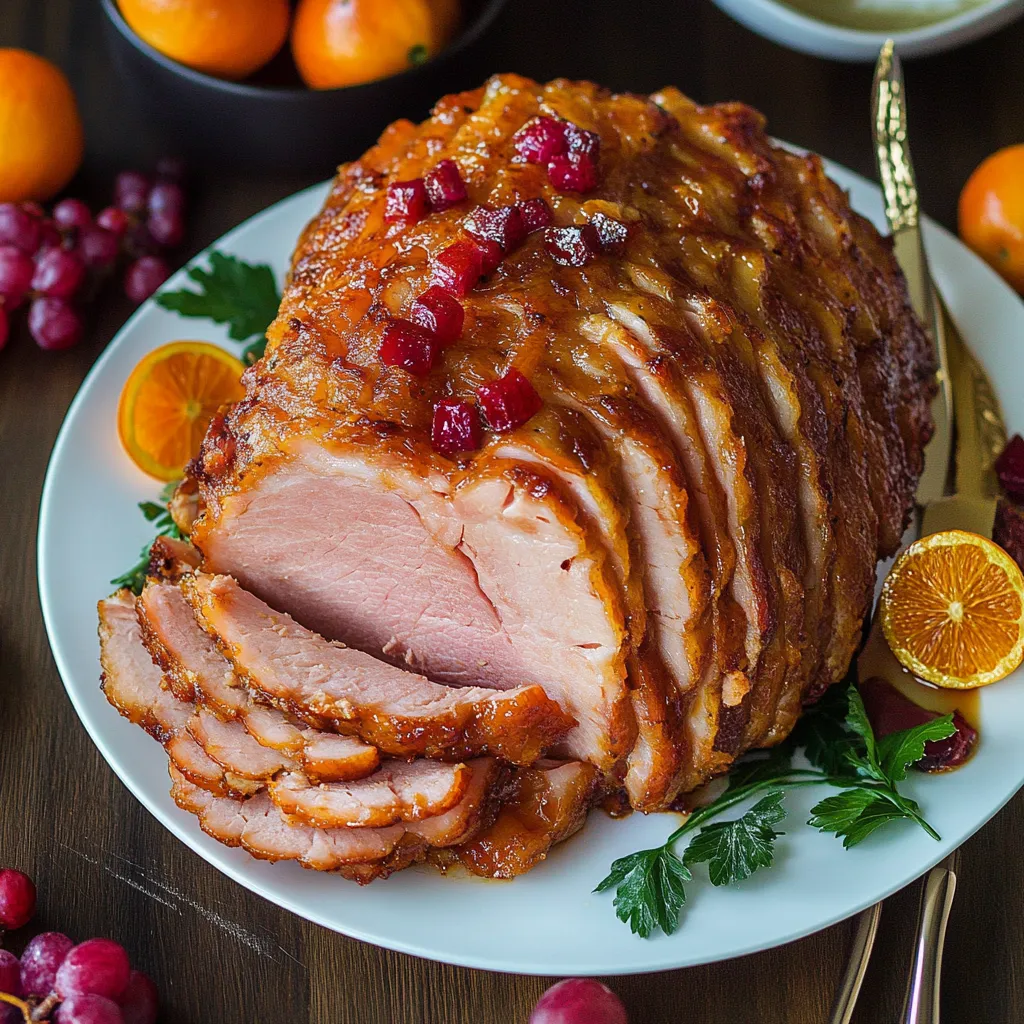 A ham with a crown of red grapes on top.
