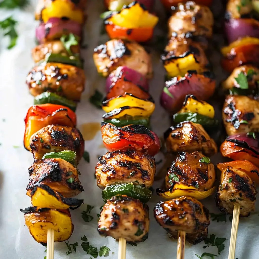 A variety of colorful vegetables are skewered on wooden sticks.