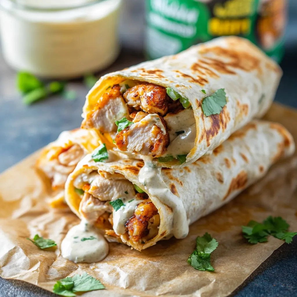 A chicken burrito with white sauce.