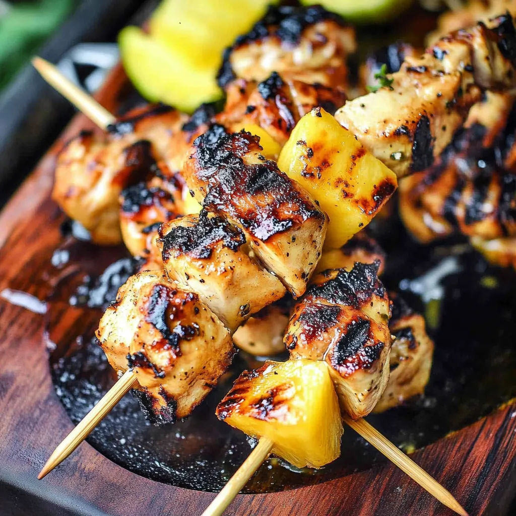 A wooden tray with a skewer of meat and pineapple.