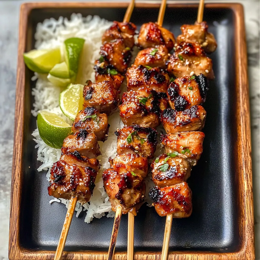 A plate of food with limes and meat on a stick.