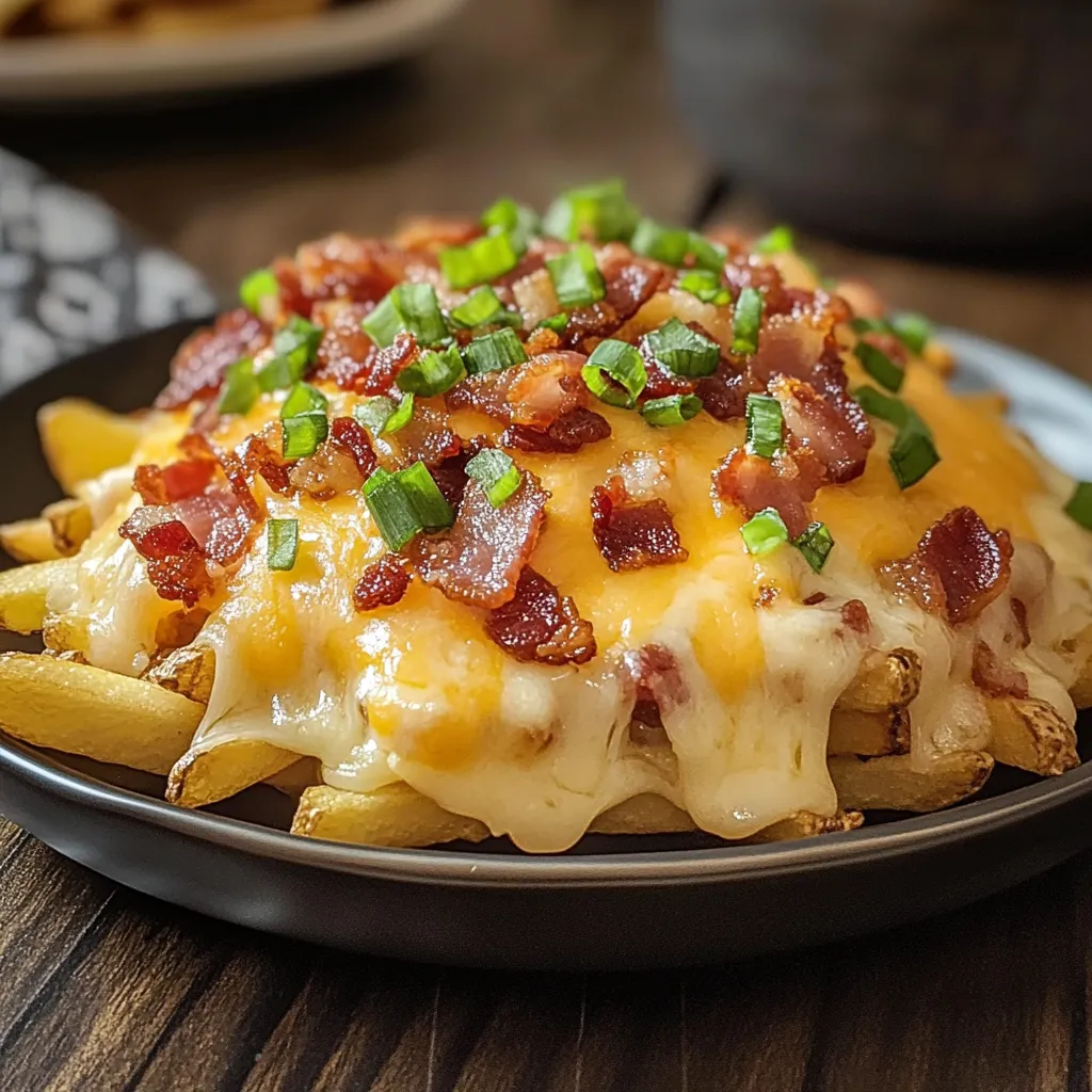 A plate of bacon and cheese covered fries.