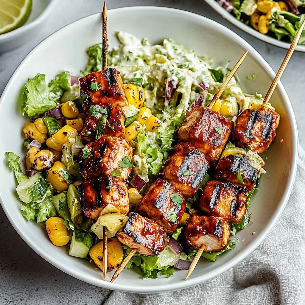 A bowl of food with two skewers of meat and vegetables.