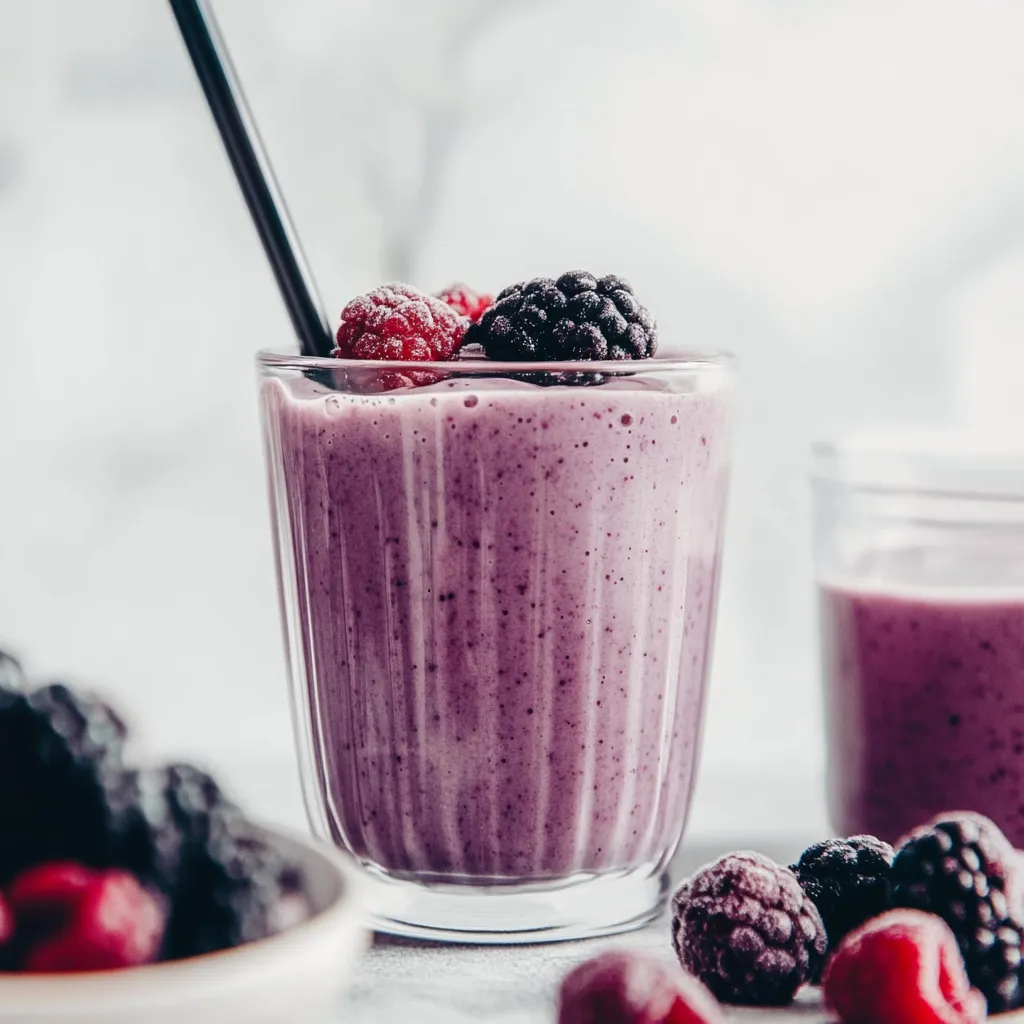A glass of berries and milk.