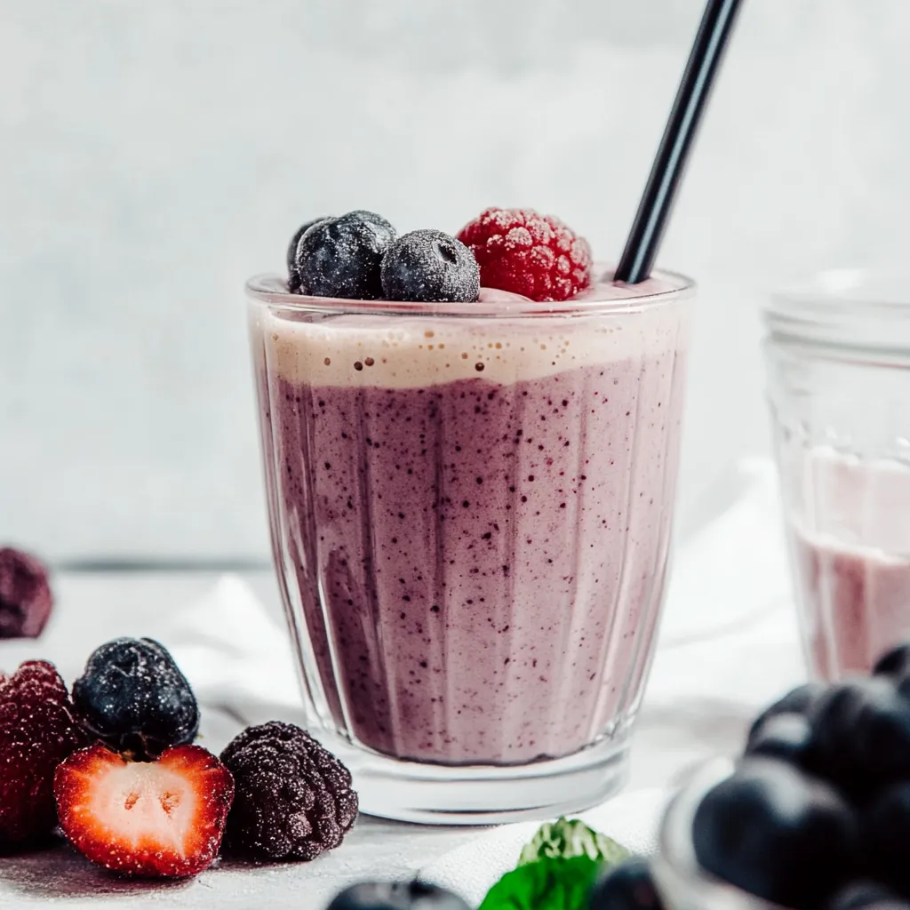 A glass of berry smoothie with a black straw.