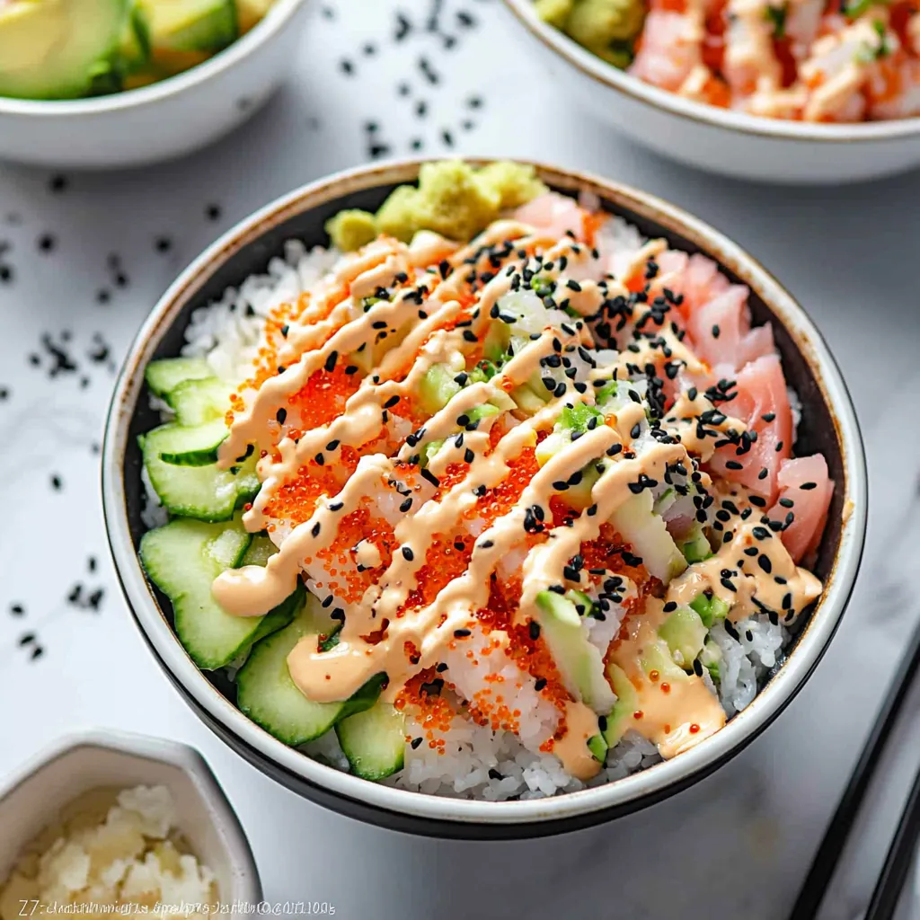 A bowl of sushi with rice, cucumbers, and fish.