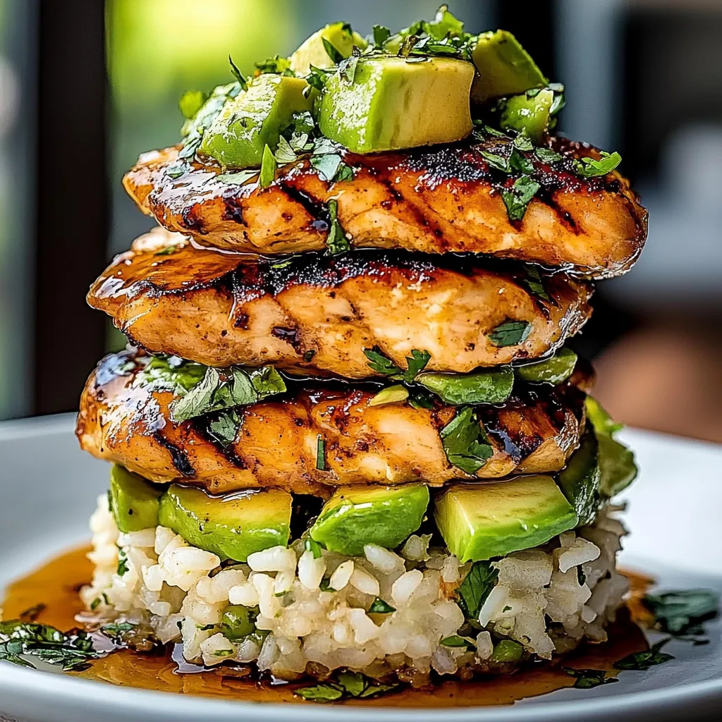 A stack of chicken with rice and avocado.
