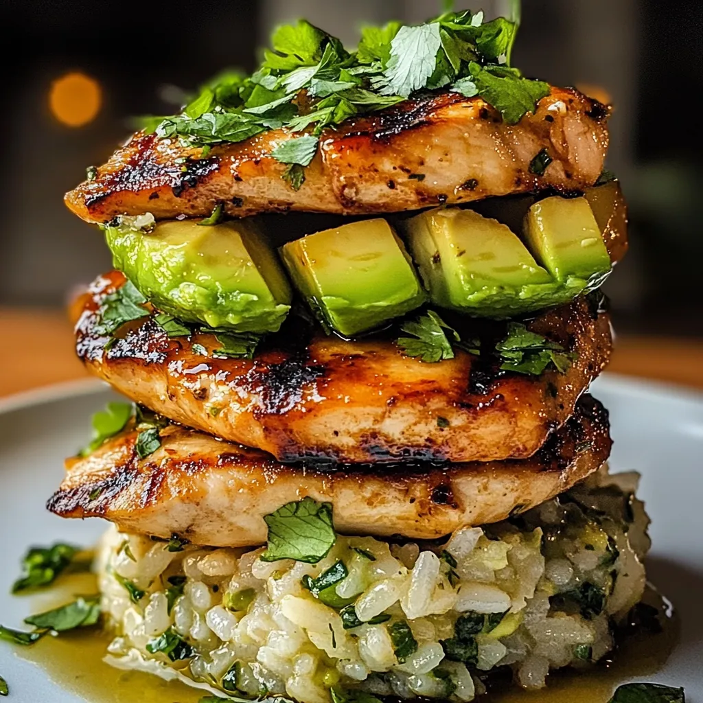 A stack of grilled chicken with avocado and cilantro.