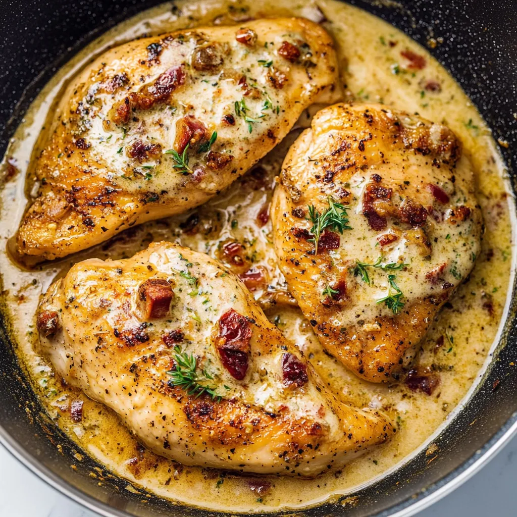 Chicken with sauce in a pan.