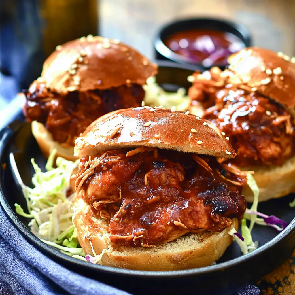 A plate of BBQ sandwiches with sauce.