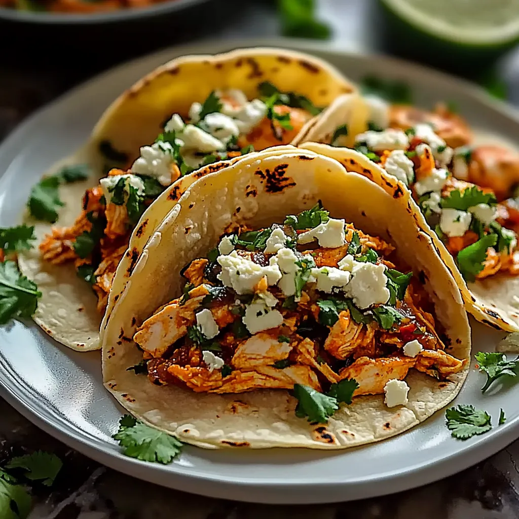 Three tacos with chicken and cheese on a plate.