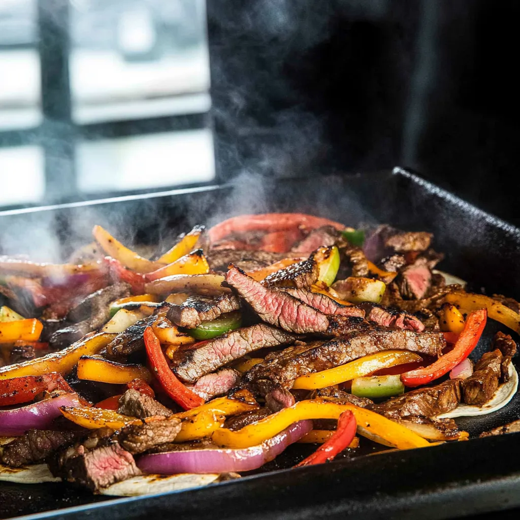 Steak and peppers on a grill.