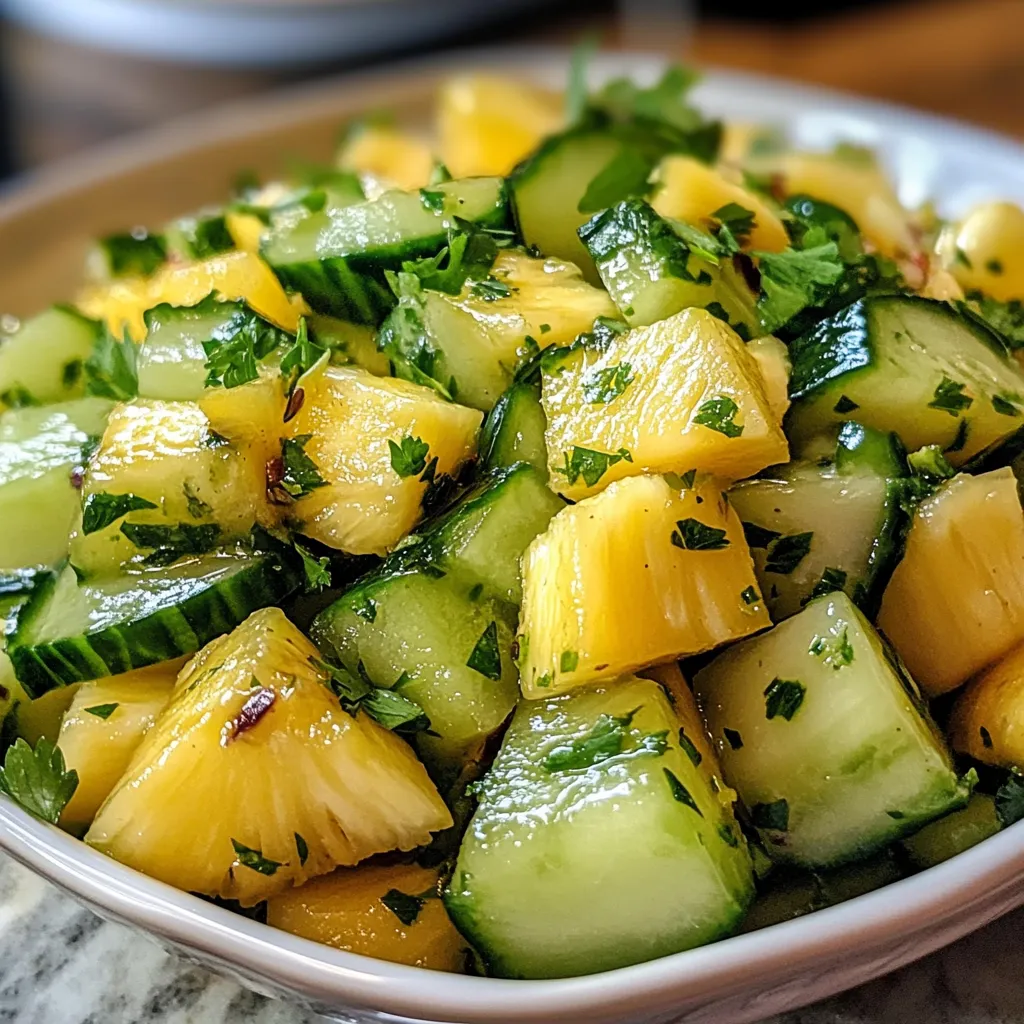 A bowl of sliced cucumbers and pineapple.
