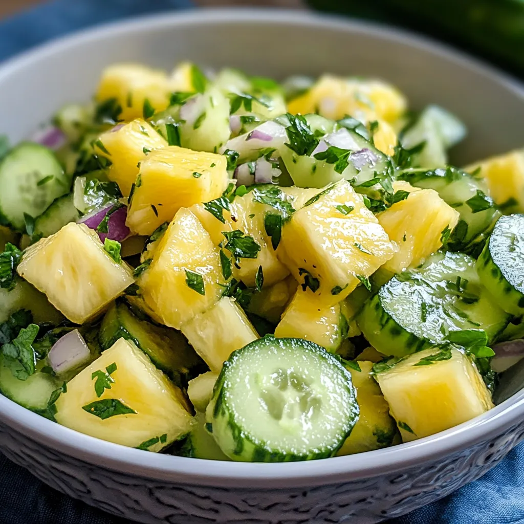 A bowl of sliced cucumbers and pineapple.
