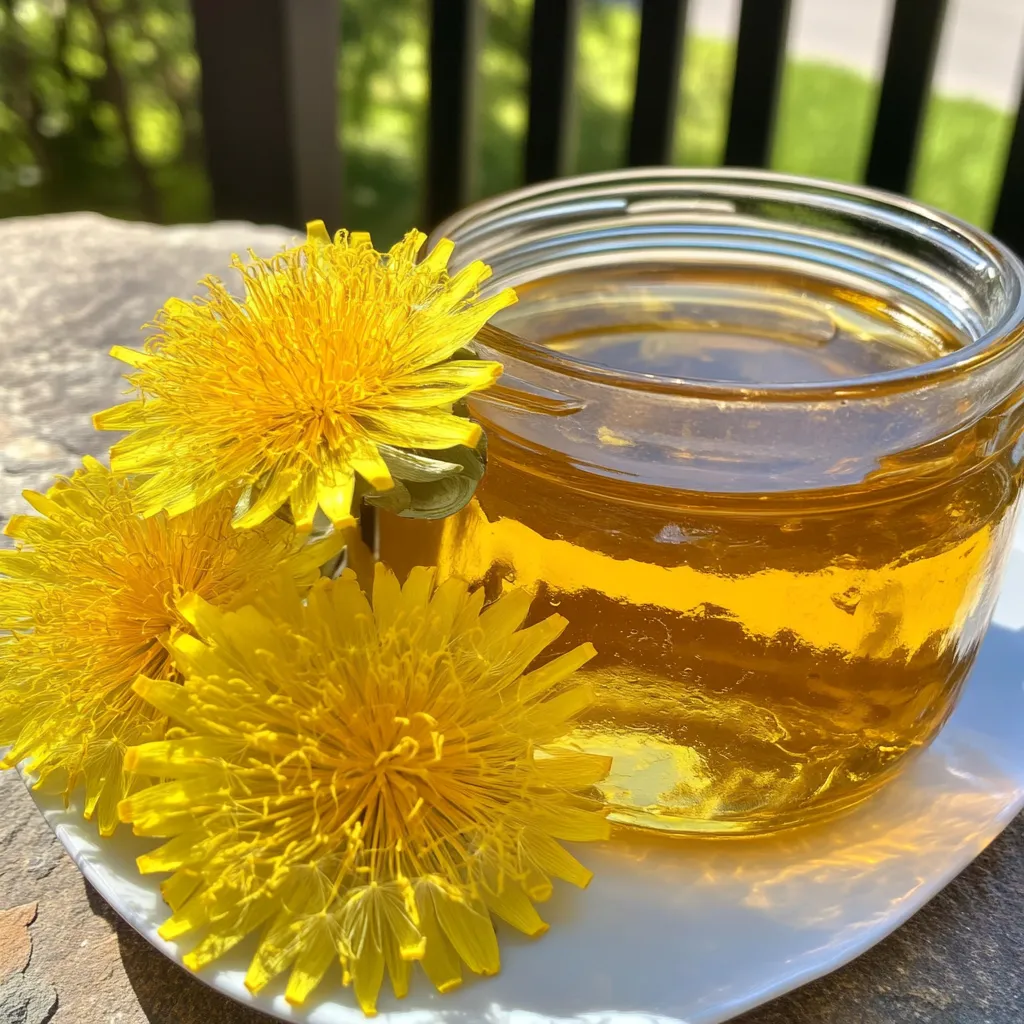 A jar of honey with yellow flowers on top.