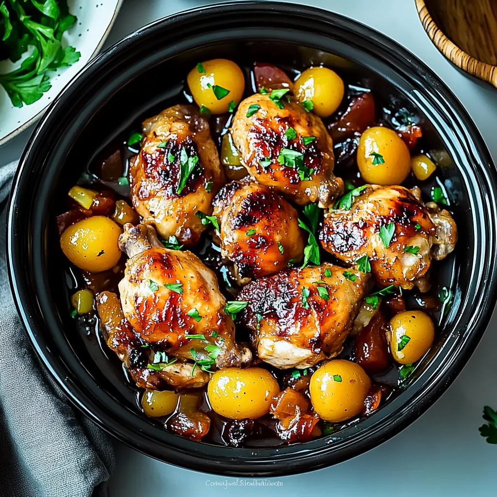 A bowl of chicken with tomatoes and herbs.