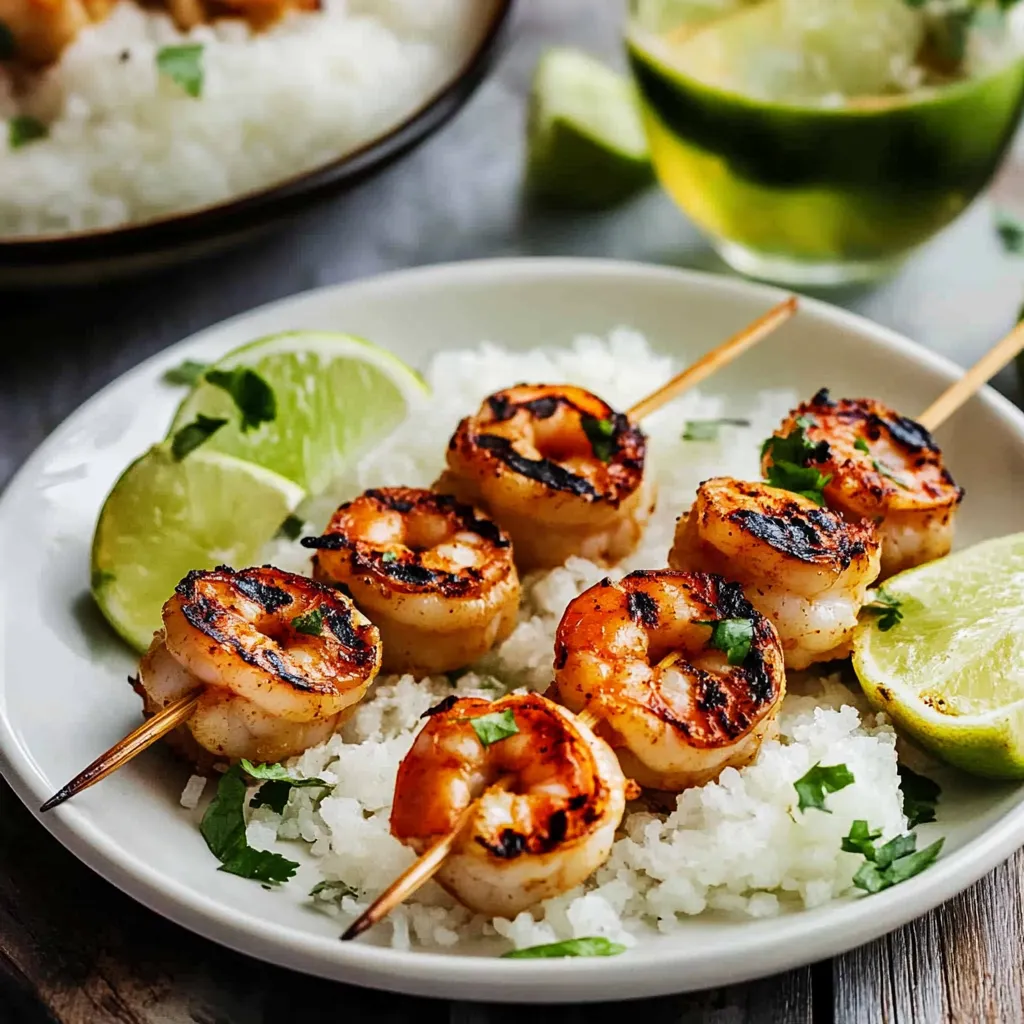 A plate of shrimp with rice and lime.