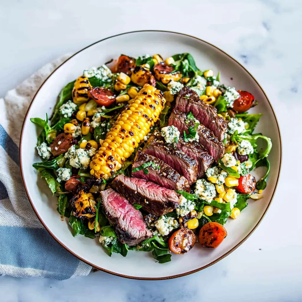 A plate of food with meat, corn, and blue cheese.