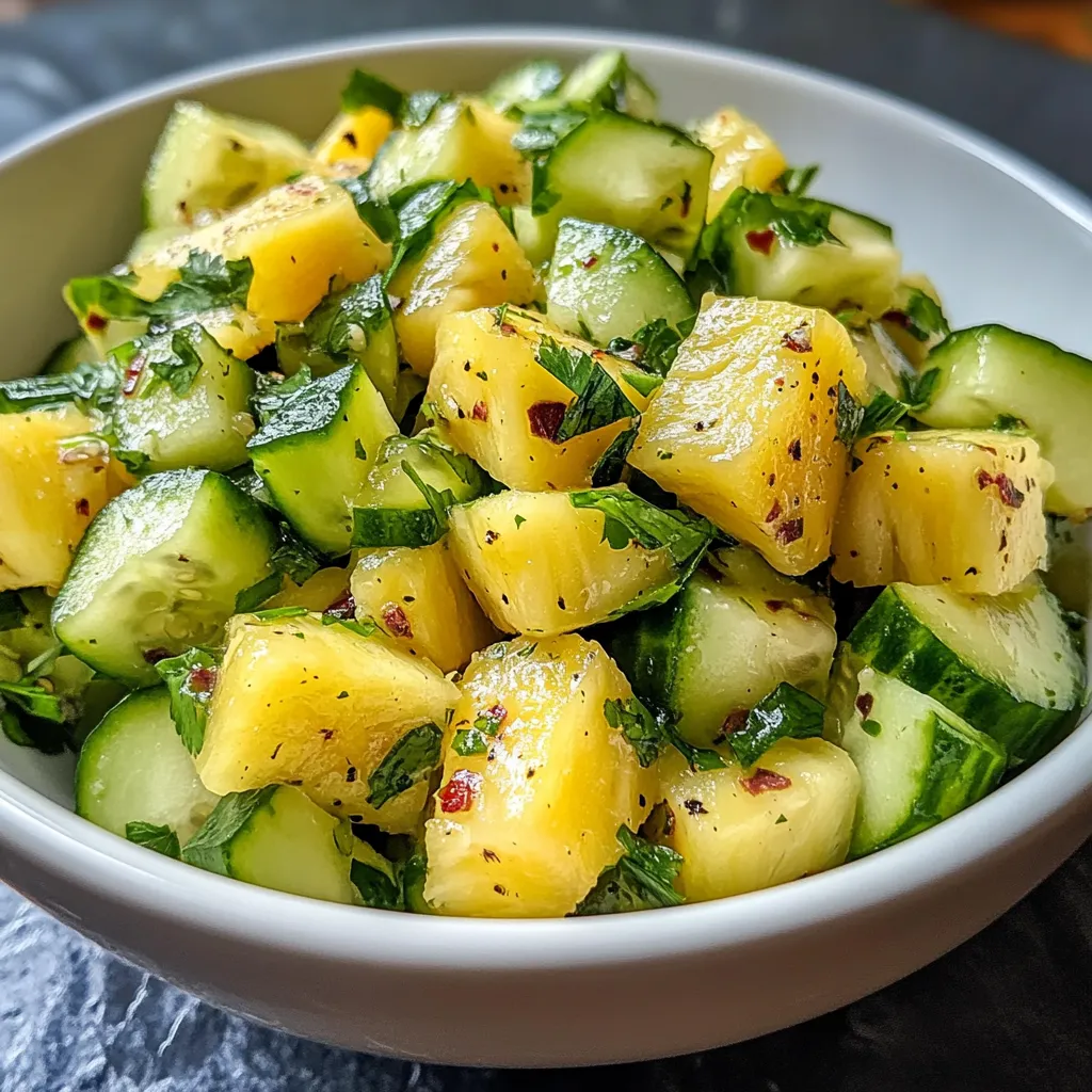A bowl of sliced cucumbers and pineapple.