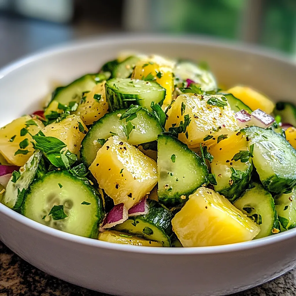 A bowl of cucumbers and pineapple.