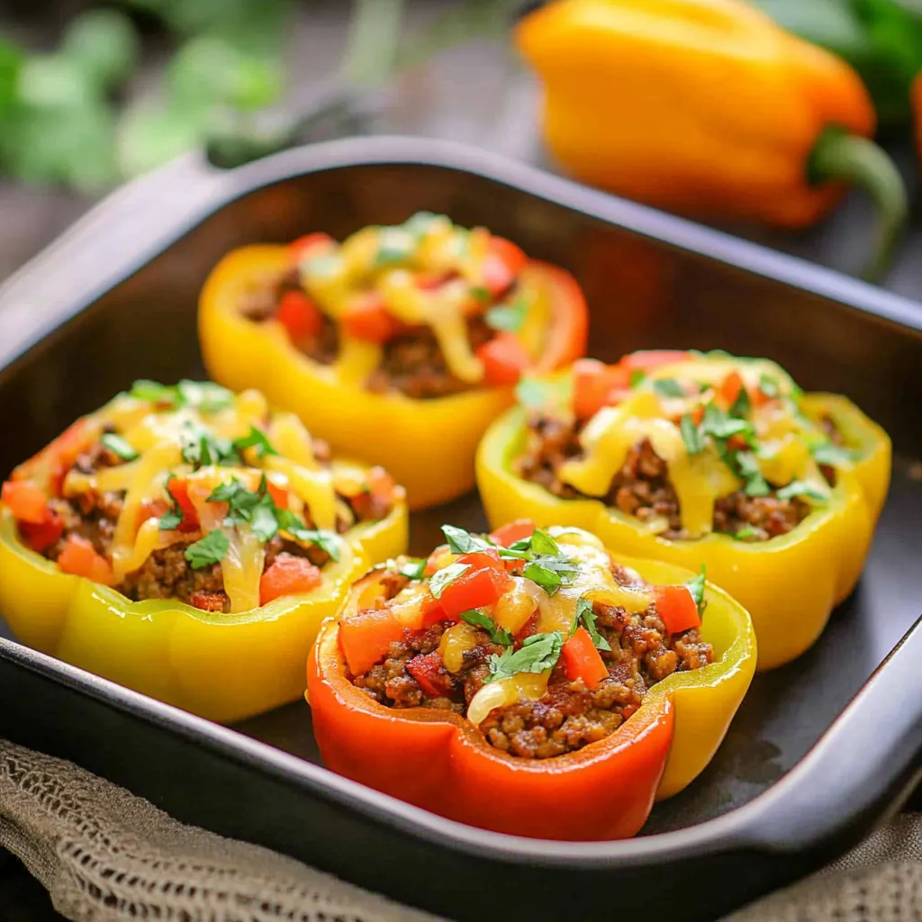 A pan of four peppers with meat and cheese.