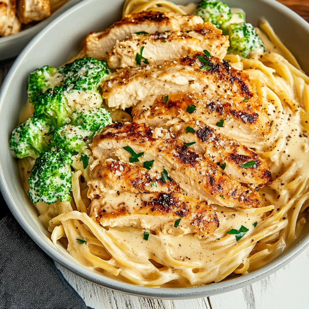 A bowl of pasta with chicken and broccoli.
