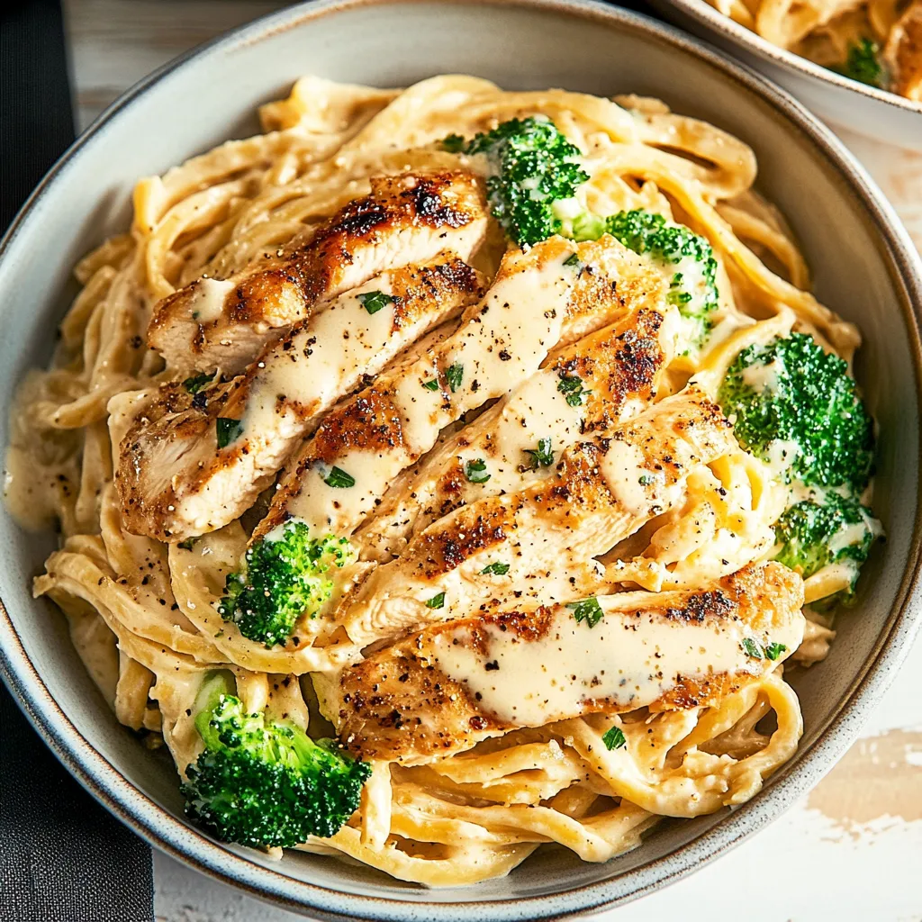 A bowl of pasta with chicken and broccoli.