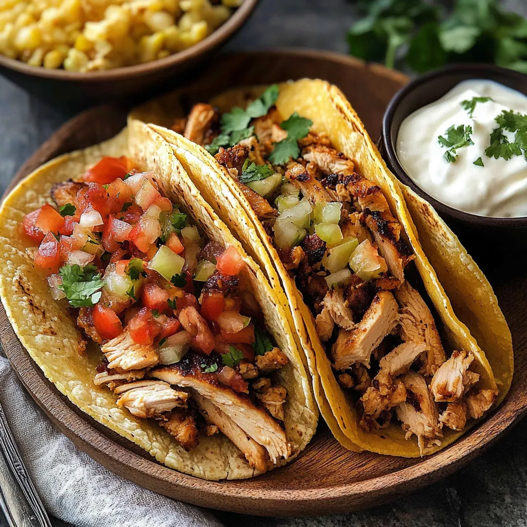 Two chicken tacos with tomatoes and cilantro.