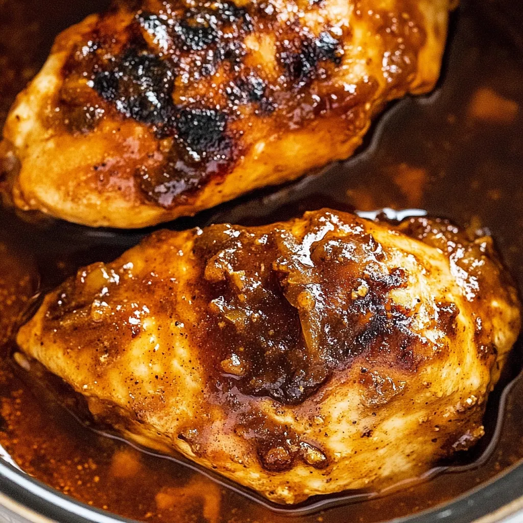 Two pieces of chicken in a brown sauce.