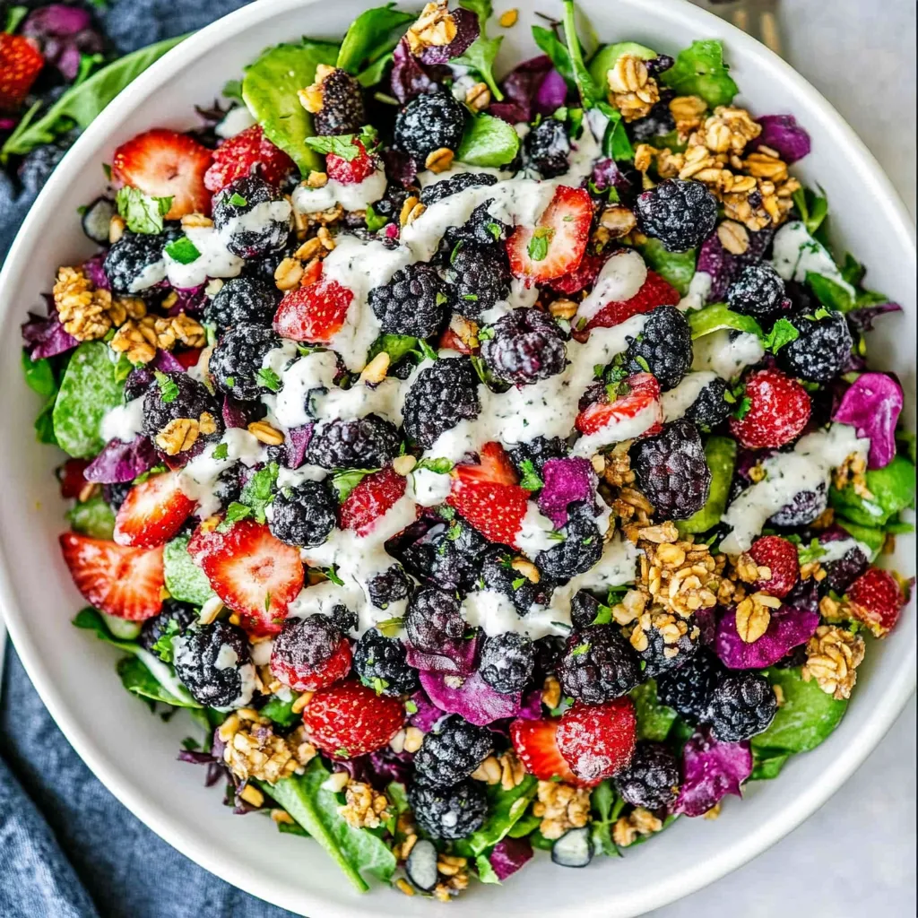 A bowl of salad with strawberries, blackberries, and walnuts.