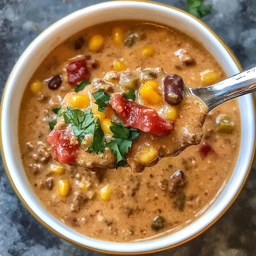 A bowl of soup with a spoon in it.