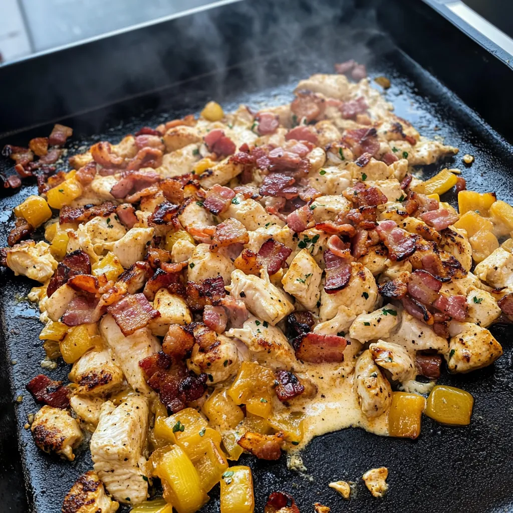 A pan of chicken with bacon and cheese.