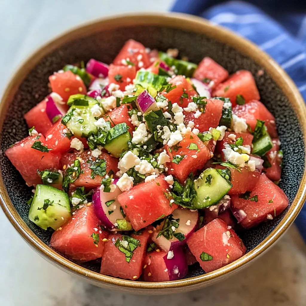 A bowl of fruit salad with watermelon, cucumber, and onion.