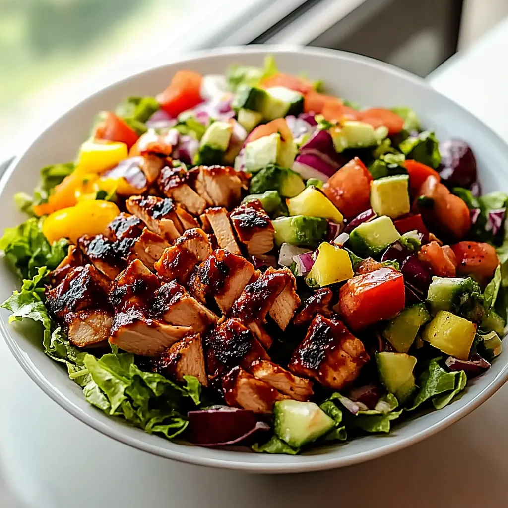 A bowl of salad with chicken and vegetables.