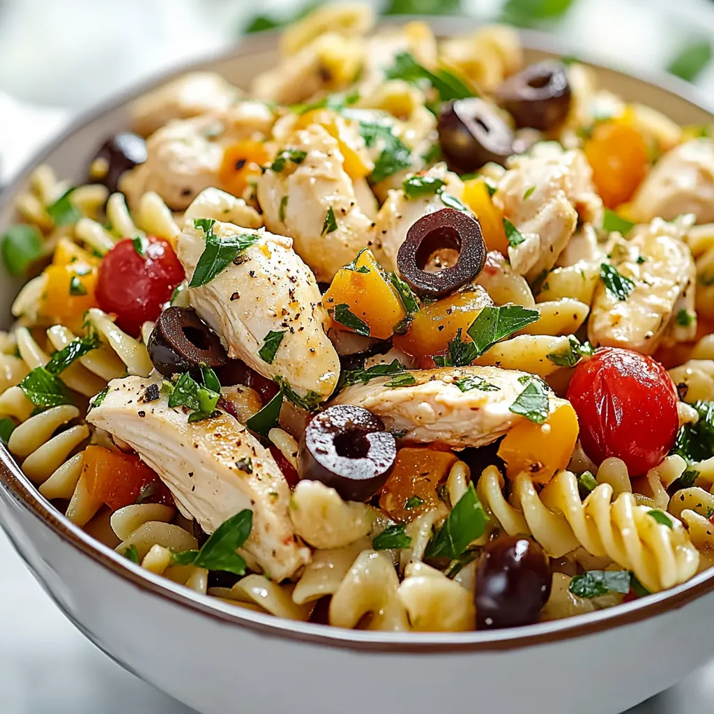 A bowl of pasta with chicken and vegetables.
