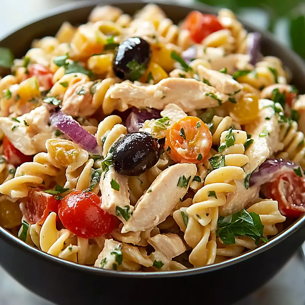 A bowl of pasta with chicken, tomatoes, and olives.