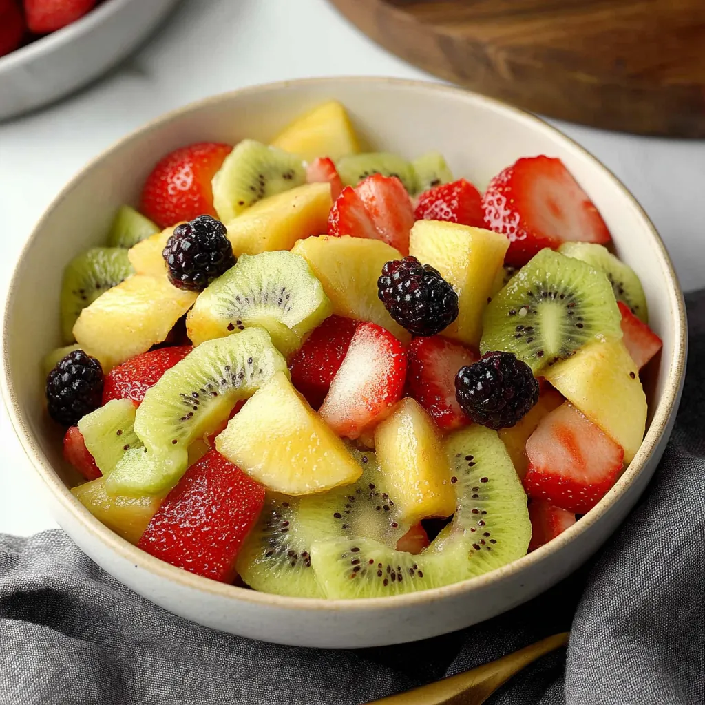 A bowl of fruit with kiwi, strawberries, and blackberries.