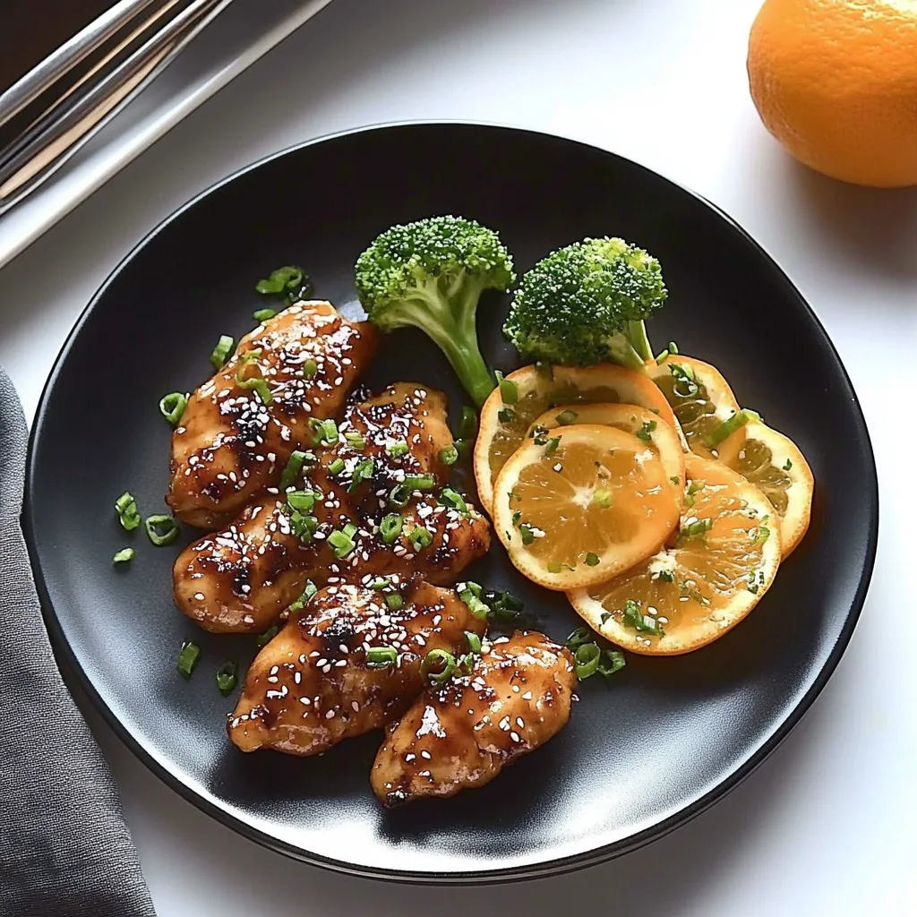 A plate of food with chicken, broccoli, and an orange.