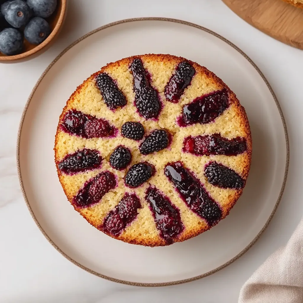 A cake with blackberries and blueberries on top.
