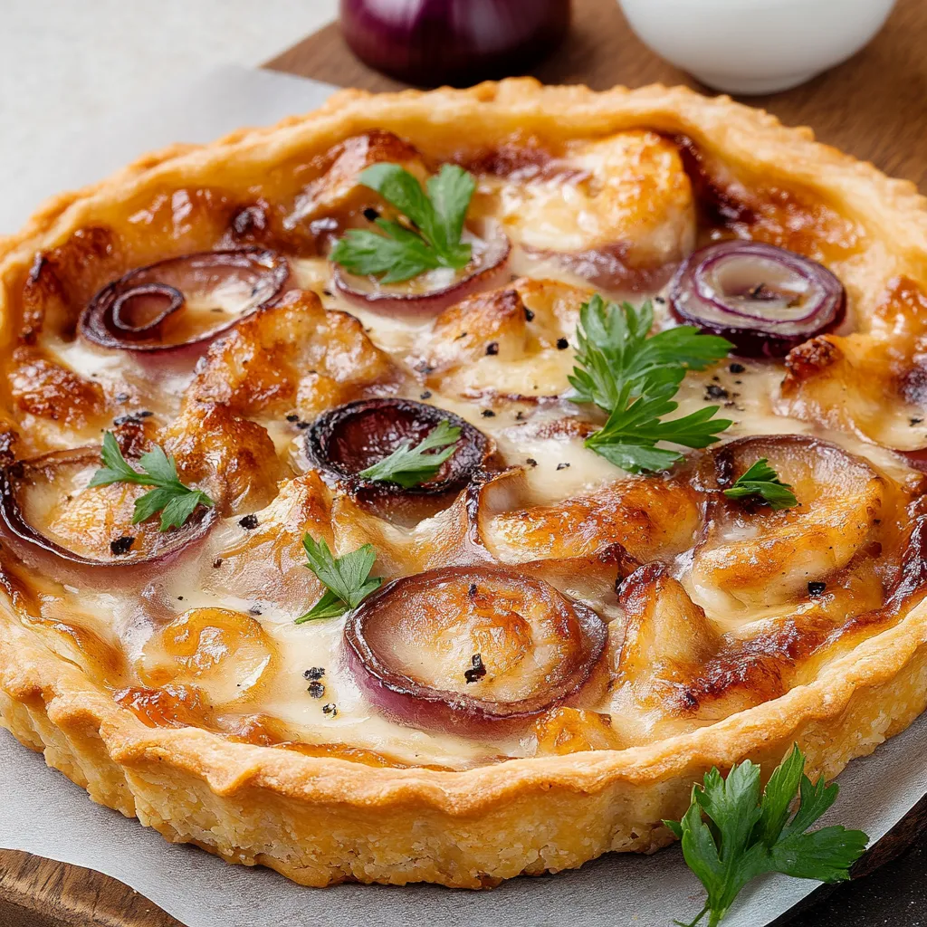 A pie with onions and apples.