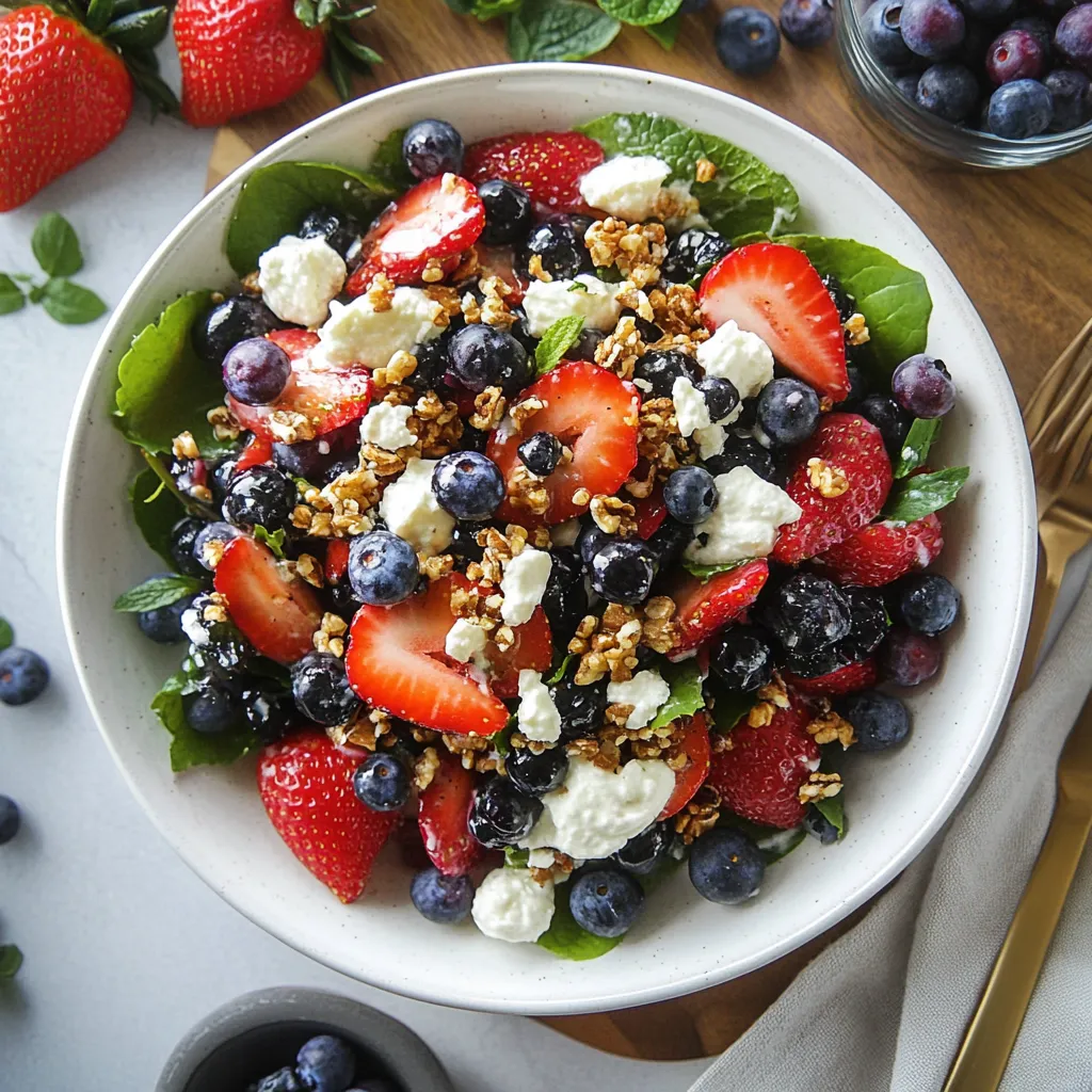 A bowl of fruit salad with strawberries, blueberries, and raspberries.