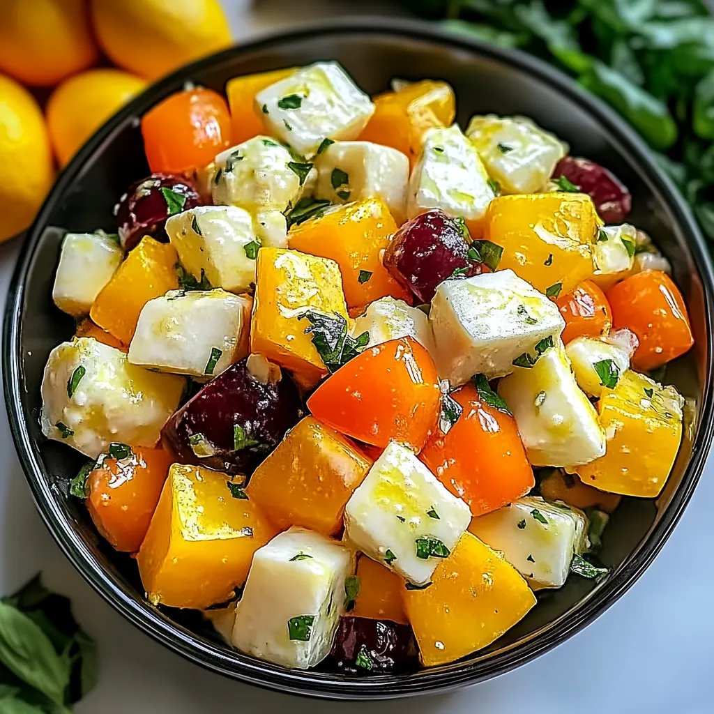 A bowl of fruit with cheese and herbs.
