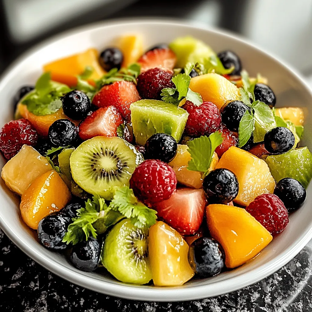 A bowl of fruit with kiwi, strawberries, blueberries, and raspberries.