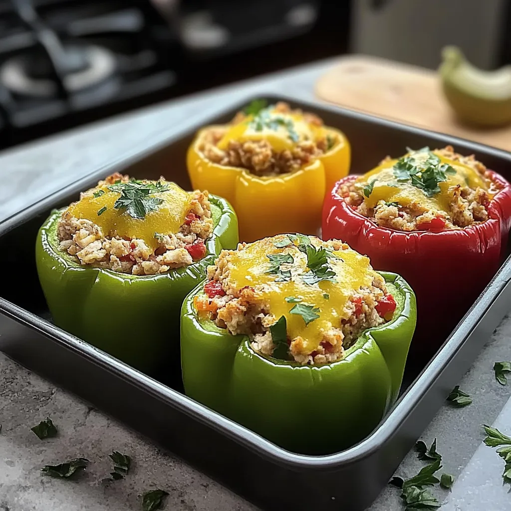 A pan of peppers with rice and cheese.
