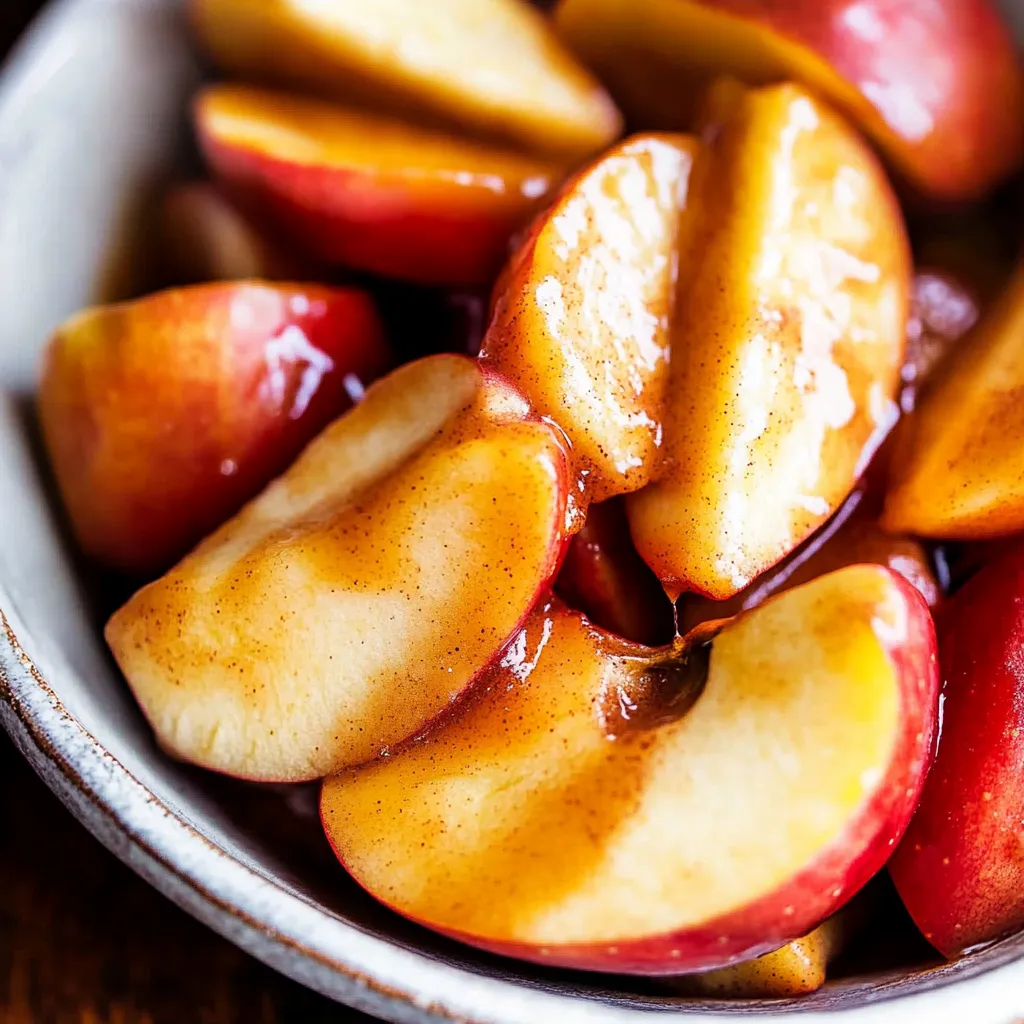 A bowl of sliced apples with a brown sauce.